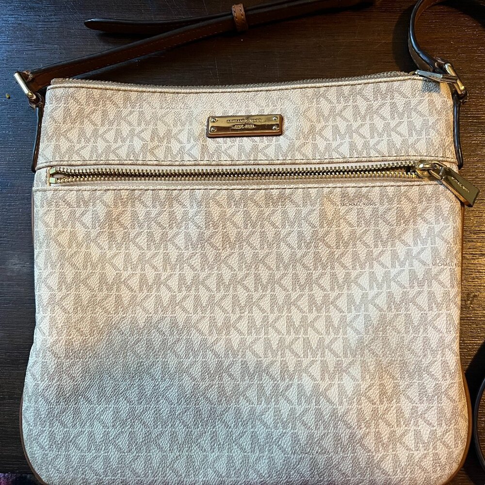 Michael Kors Cream Signature MK Crossbody Bag with Gold Hardware